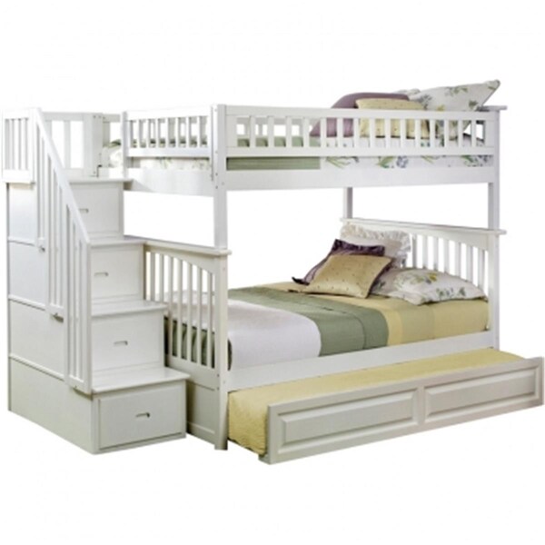 Atlantic Furniture Columbia Staircase Bunkbed With Raised Panel Trundle Bed, Full Over Full Size - White - AB55832