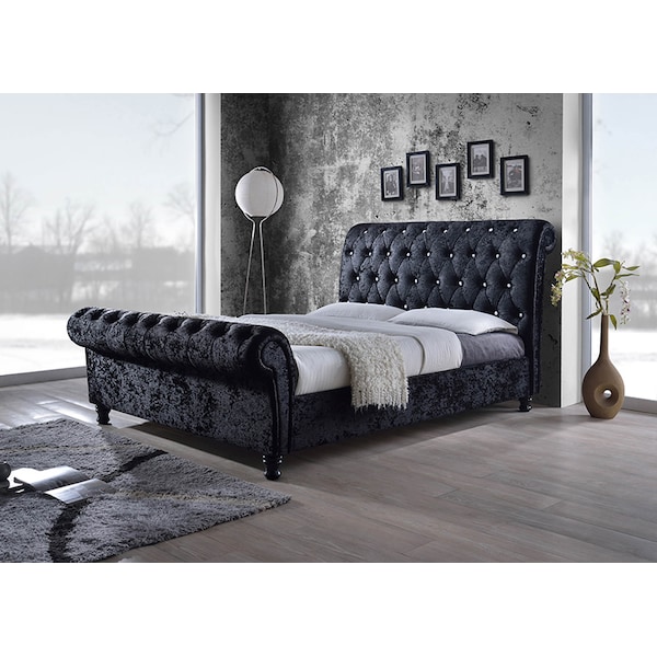 Baxton Studio Castello Velvet Upholstered Crystal-Buttoned Sleigh King Platform Bed - 118-6338