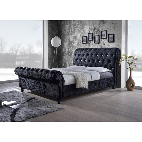 Baxton Studio Castello Velvet Upholstered Crystal-Buttoned Sleigh King Platform Bed - 118-6338