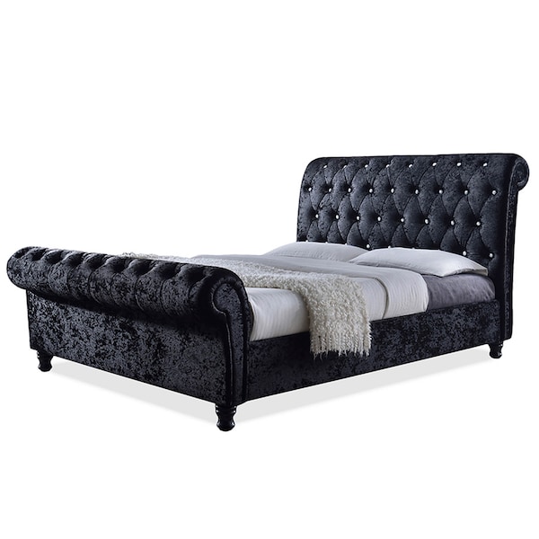Baxton Studio Castello Velvet Upholstered Crystal-Buttoned Sleigh King Platform Bed - 118-6338