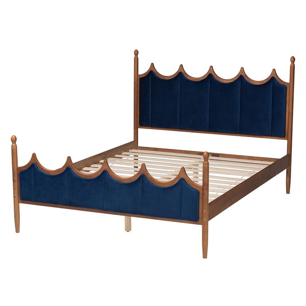 Baxton Studio Calgary Retro-Modern Royal Blue Velvet Fabric and Walnut Brown Wood Queen Size Platform Bed - 245-13442-ZORO