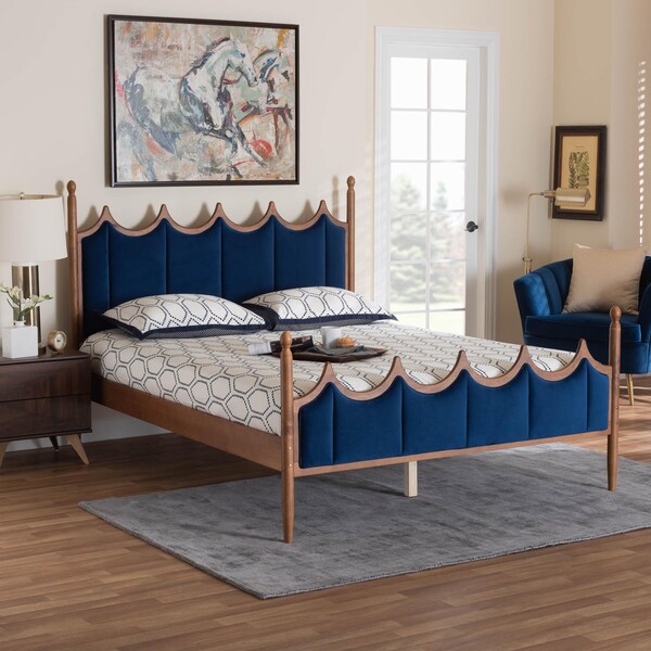 Baxton Studio Calgary Retro-Modern Royal Blue Velvet Fabric and Walnut Brown Wood Queen Size Platform Bed - 245-13442-ZORO