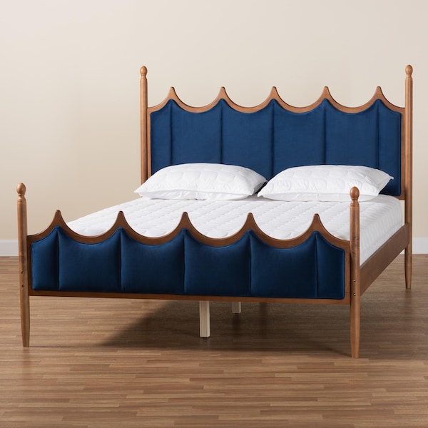 Baxton Studio Calgary Retro-Modern Royal Blue Velvet Fabric and Walnut Brown Wood Queen Size Platform Bed - 245-13442-ZORO