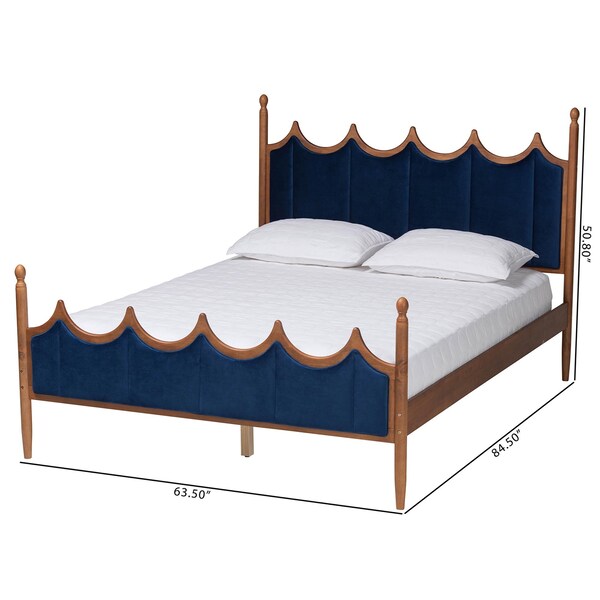 Baxton Studio Calgary Retro-Modern Royal Blue Velvet Fabric and Walnut Brown Wood Queen Size Platform Bed - 245-13442-ZORO