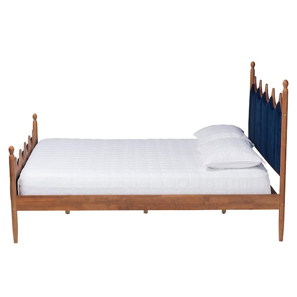 Baxton Studio Calgary Retro-Modern Royal Blue Velvet Fabric and Walnut Brown Wood Queen Size Platform Bed - 245-13442-ZORO