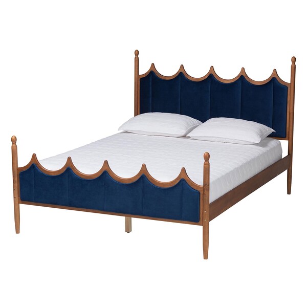 Baxton Studio Calgary Retro-Modern Royal Blue Velvet Fabric and Walnut Brown Wood Queen Size Platform Bed - 245-13442-ZORO