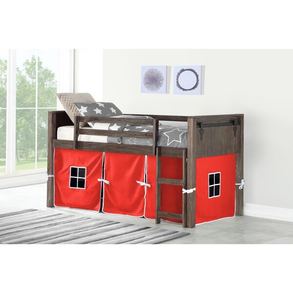 Donco Kids PD-0318TBS-R Twin Barn Door Low Loft, Brushed Shadow with Red Tent - PD_0318TBS_R