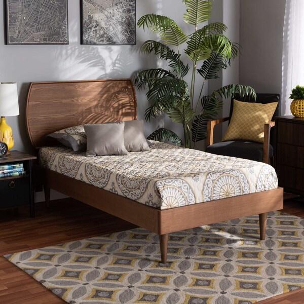Baxton Studio Yori Mid-Century Modern Walnut Brown Finished Wood Twin Size Platform Bed - 188-11112-11158-ZORO