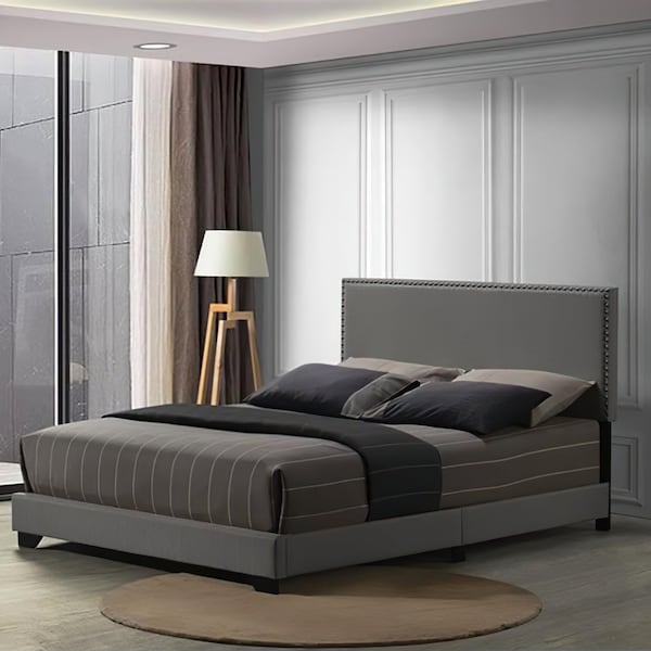 Acme Fabric Upholstered Queen Bed with Nailhead Trim in Light Gray - ER-0250GY