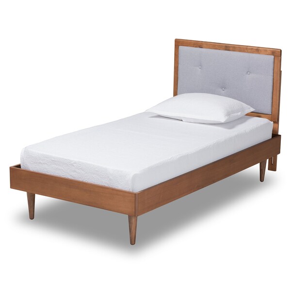 Baxton Studio Saul Mid-Century Light Grey Fabric Upholstered and Walnut Brown Finished Wood Platform Bed-Twin - 191-11522-11158-ZORO