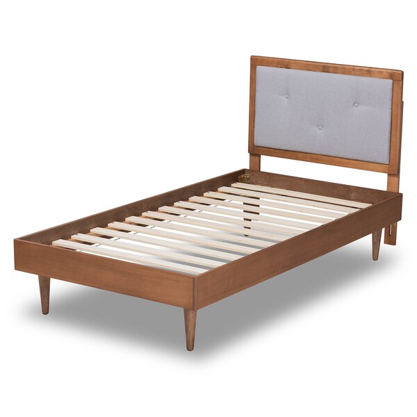 Baxton Studio Saul Mid-Century Light Grey Fabric Upholstered and Walnut Brown Finished Wood Platform Bed-Twin - 191-11522-11158-ZORO
