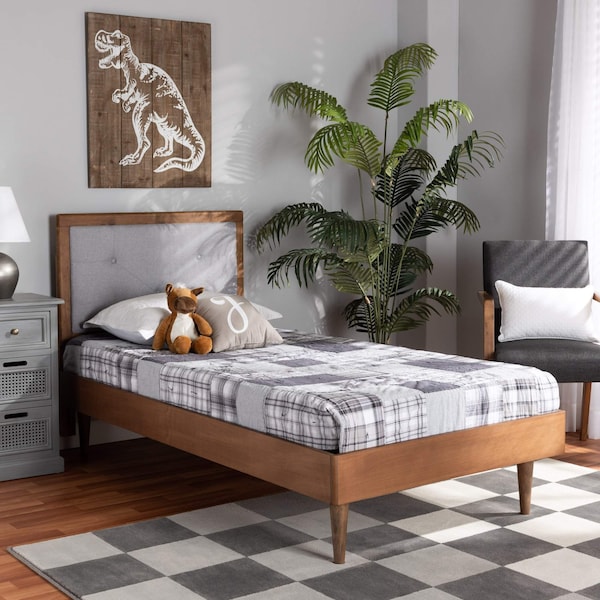 Baxton Studio Saul Mid-Century Light Grey Fabric Upholstered and Walnut Brown Finished Wood Platform Bed-Twin - 191-11522-11158-ZORO