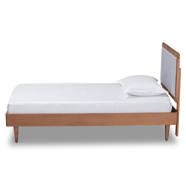 Baxton Studio Saul Mid-Century Light Grey Fabric Upholstered and Walnut Brown Finished Wood Platform Bed-Twin - 191-11522-11158-ZORO