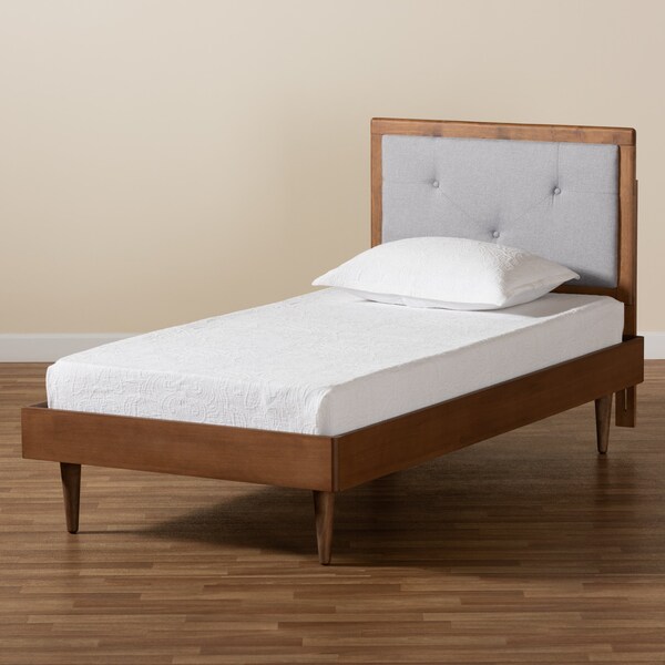 Baxton Studio Saul Mid-Century Light Grey Fabric Upholstered and Walnut Brown Finished Wood Platform Bed-Twin - 191-11522-11158-ZORO