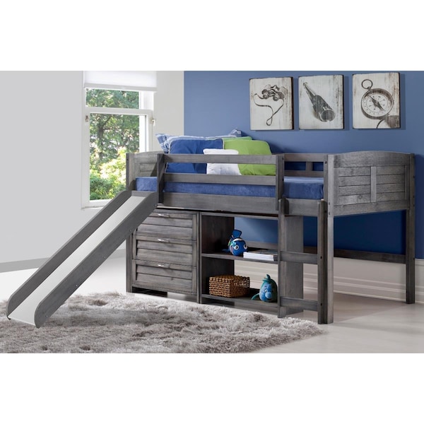 Donco Donco PD-790AAG-C3-785AG Twin Size Louver Low Loft with Slide; 3 Drawer Chest & Small Bookcase in Antique Grey - PD_790AAG_C3_785AG