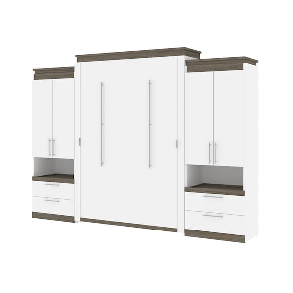 Bestar Orion 124W Queen Murphy Bed and 2 Storage Cabinets with Pull-Out Shelves (125W), White & Walnut Grey - 116870-000017