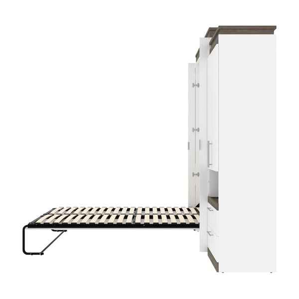 Bestar Orion 124W Queen Murphy Bed and 2 Storage Cabinets with Pull-Out Shelves (125W), White & Walnut Grey - 116870-000017