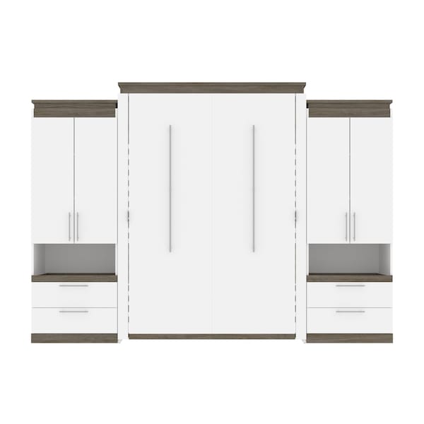 Bestar Orion 124W Queen Murphy Bed and 2 Storage Cabinets with Pull-Out Shelves (125W), White & Walnut Grey - 116870-000017