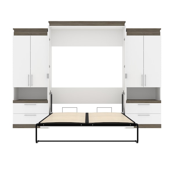 Bestar Orion 124W Queen Murphy Bed and 2 Storage Cabinets with Pull-Out Shelves (125W), White & Walnut Grey - 116870-000017