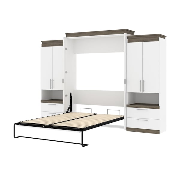 Bestar Orion 124W Queen Murphy Bed and 2 Storage Cabinets with Pull-Out Shelves (125W), White & Walnut Grey - 116870-000017