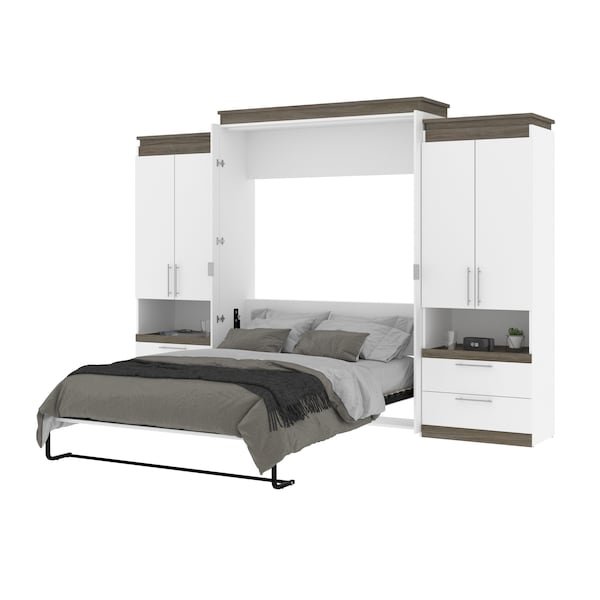 Bestar Orion 124W Queen Murphy Bed and 2 Storage Cabinets with Pull-Out Shelves (125W), White & Walnut Grey - 116870-000017