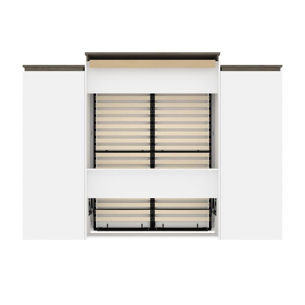 Bestar Orion 124W Queen Murphy Bed and 2 Storage Cabinets with Pull-Out Shelves (125W), White & Walnut Grey - 116870-000017