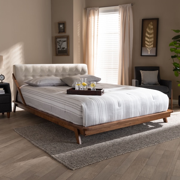 Baxton Studio Sante Mid-Century Beige Upholstered Wood Full Size Platform Bed - 156-9290