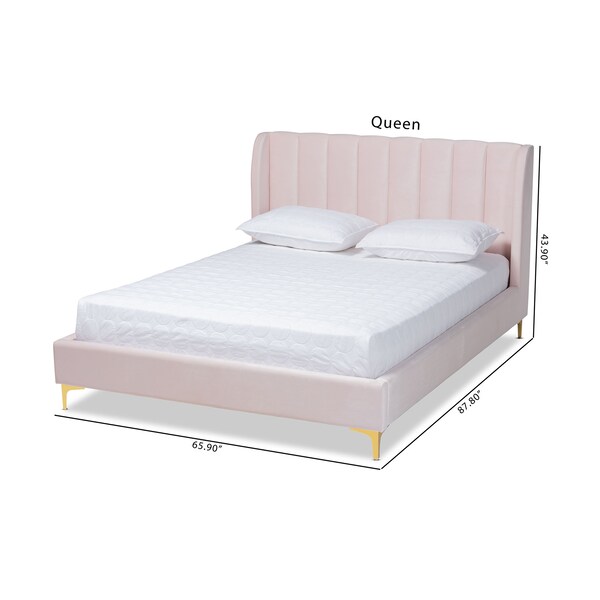 Baxton Studio Saverio Pink Velvet Queen Size Platform Bed with Gold-Tone Legs - 156-9099