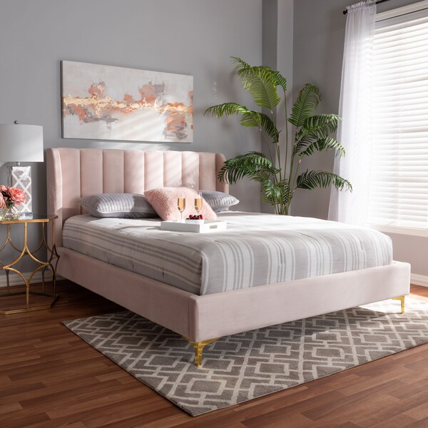 Baxton Studio Saverio Pink Velvet Queen Size Platform Bed with Gold-Tone Legs - 156-9099