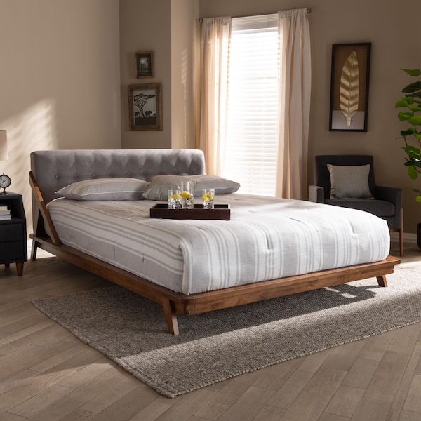 Baxton Studio Sante Mid-Century Grey Upholstered Wood King Size Platform Bed - 156-9289