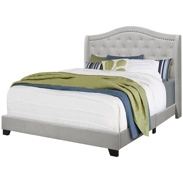 Monarch Specialties Bed, Queen Size, Platform, Bedroom, Frame, Upholstered, Velvet, Wood Legs, Grey, Traditional - I 5967Q