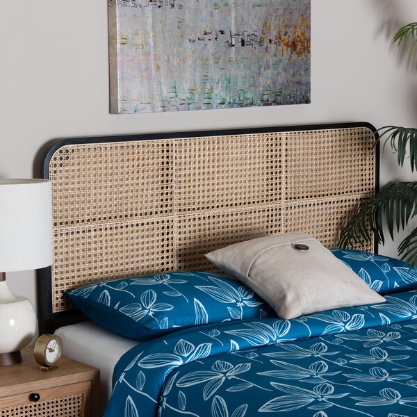 Bali & Pari Lainer Modern Bohemian Black Finished Bayur Wood and Natural Rattan Queen Size Headboard - 236-13327-ZORO