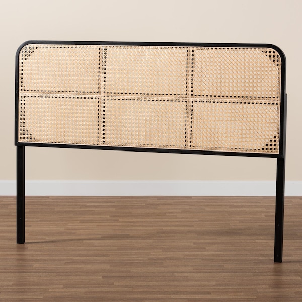 Bali & Pari Lainer Modern Bohemian Black Finished Bayur Wood and Natural Rattan Queen Size Headboard - 236-13327-ZORO