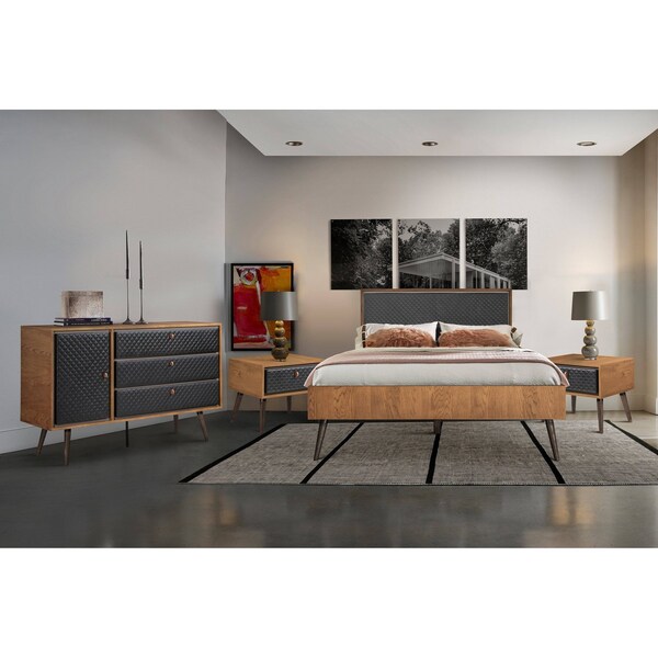 Armen Living Coco Rustic 4 piece Upholstered Platform Bedroom Set in Queen with Dresser and 2 Nightstands - SETCOBDQN4B