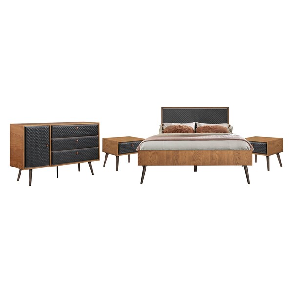 Armen Living Coco Rustic 4 piece Upholstered Platform Bedroom Set in Queen with Dresser and 2 Nightstands - SETCOBDQN4B