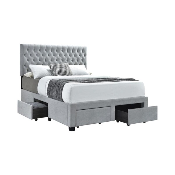Benjara Fabric Upholstered Wooden Queen Size Bed with Bottom Drawers, Gray - BM215859