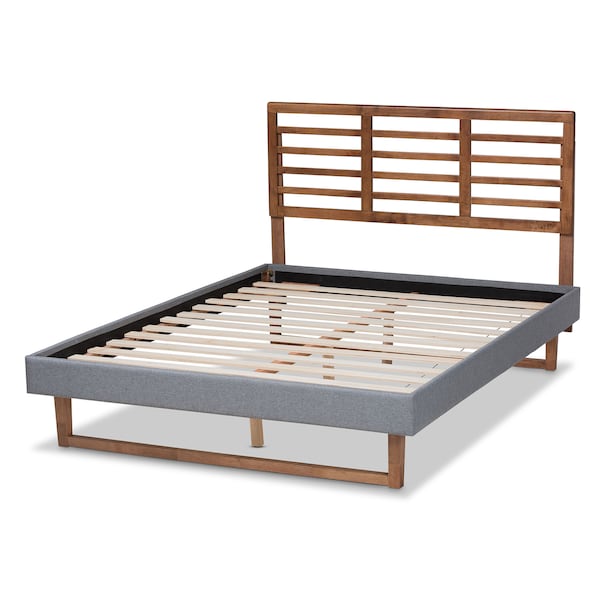 Baxton Studio Rina Dark Grey Upholstered and Ash Walnut Wood Queen Size Platform Bed - 164-9414-9423