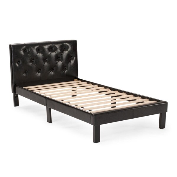 Poundex Twin Upholstered Bed Frame with Slats in Black Faux Leather - F9415T