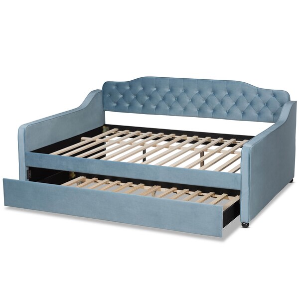 Baxton Studio Freda Blue Velvet and Button Tufted Full Size Daybed with Trundle - 164-10408