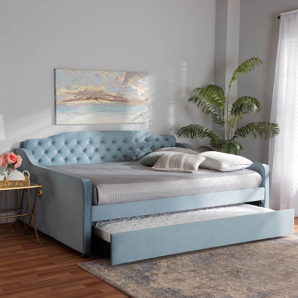 Baxton Studio Freda Blue Velvet and Button Tufted Full Size Daybed with Trundle - 164-10408