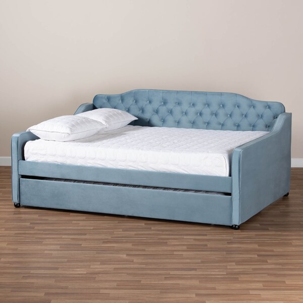 Baxton Studio Freda Blue Velvet and Button Tufted Full Size Daybed with Trundle - 164-10408