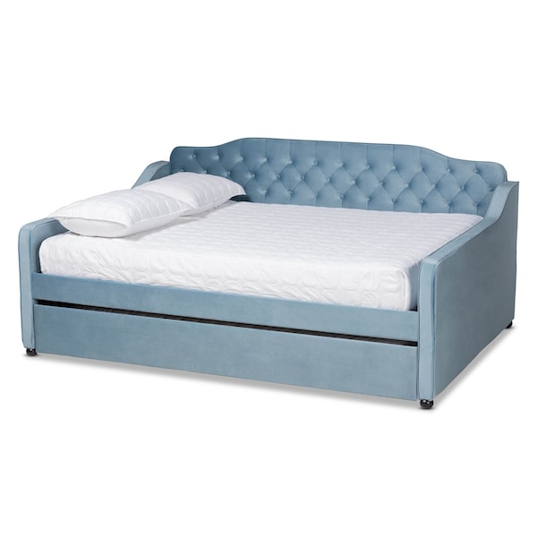 Baxton Studio Freda Blue Velvet and Button Tufted Full Size Daybed with Trundle - 164-10408