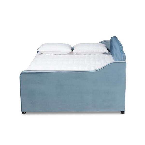 Baxton Studio Freda Blue Velvet and Button Tufted Full Size Daybed with Trundle - 164-10408