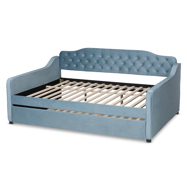 Baxton Studio Freda Blue Velvet and Button Tufted Full Size Daybed with Trundle - 164-10408