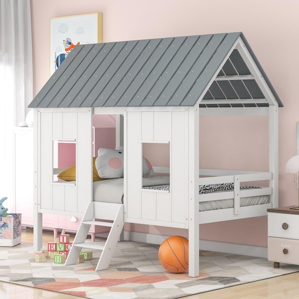 Homeroots Play House with Windows & Roof White Twin Size Low Loft Bed - 404253