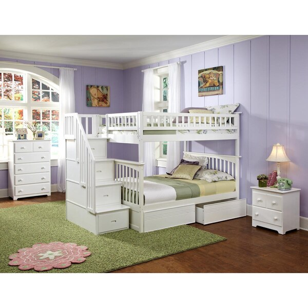 Atlantic Furniture Columbia Staircase Bunkbed With Urban Bed Drawers - White, Full Over Full Size - AB55842