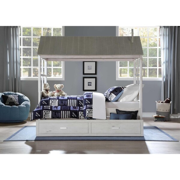 Homeroots 44 x 80 x 80 in. Weathered White Washed Gray Wood Twin Bed - 347190
