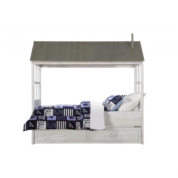 Homeroots 44 x 80 x 80 in. Weathered White Washed Gray Wood Twin Bed - 347190