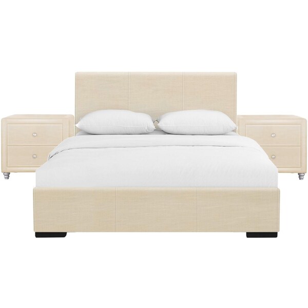Homeroots 34.8 x 79 x 85.4 in. Beige Upholstered Platform King Size Bed with Two Nightstands - 397068