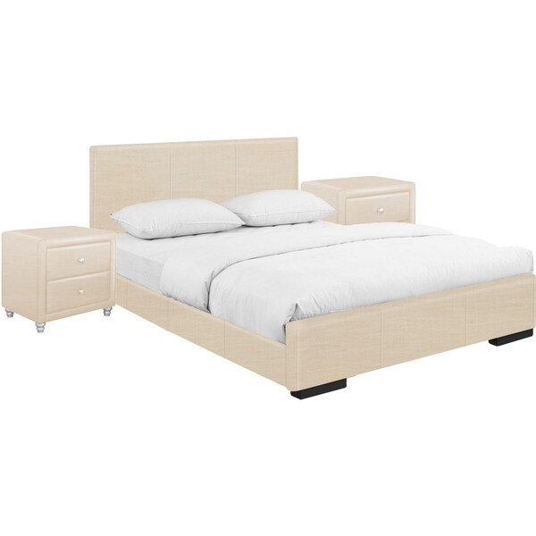 Homeroots 34.8 x 79 x 85.4 in. Beige Upholstered Platform King Size Bed with Two Nightstands - 397068